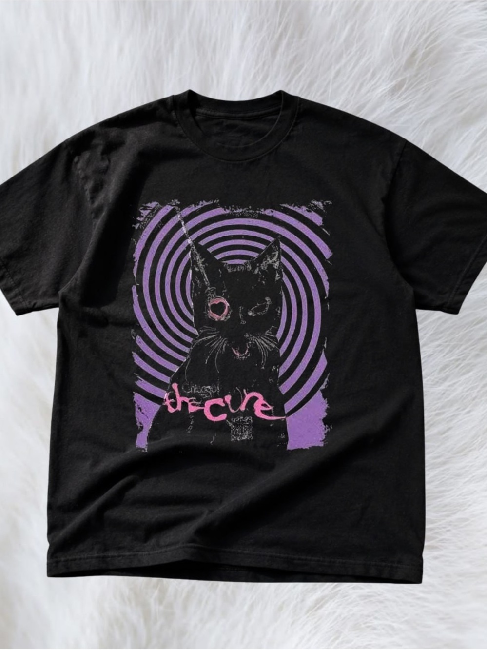 Gildan Black Tee with Purple Cat Spiral Graphic